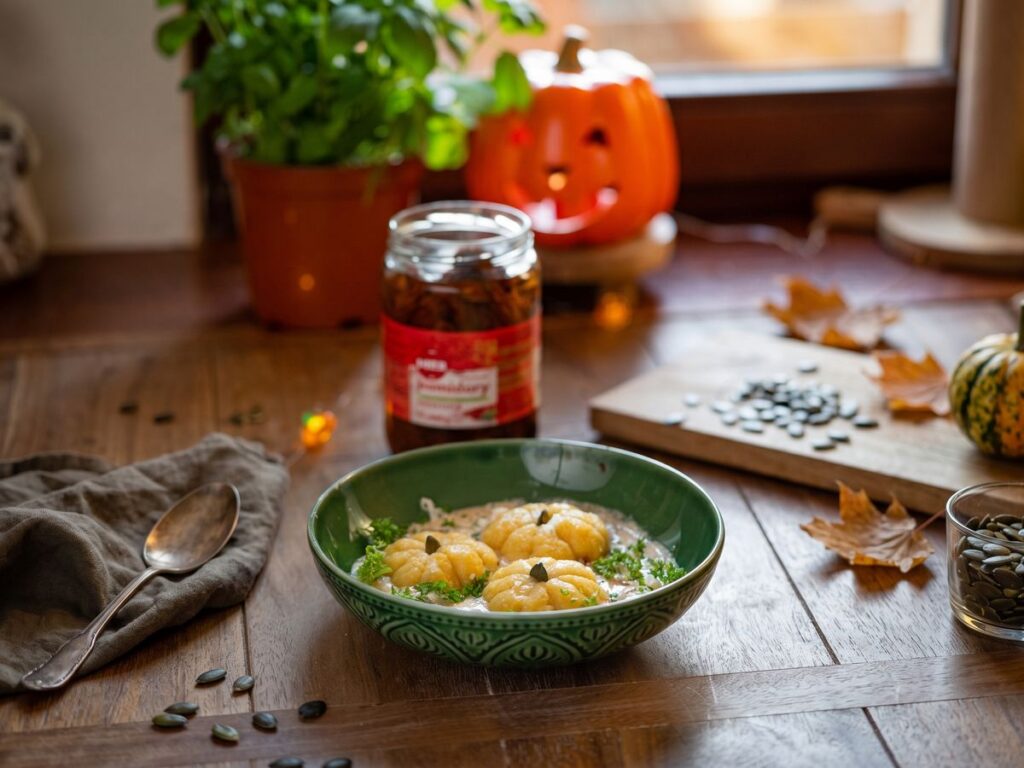 Pumpkin gnocchi in a creamy sauce with sun-dried tomatoes and Parmesan